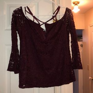 Maroon floral lace crisscross off shoulder top